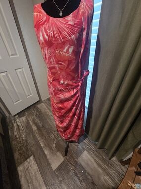 Sleeveless Pink Tropical Midi Dress with Side Tie